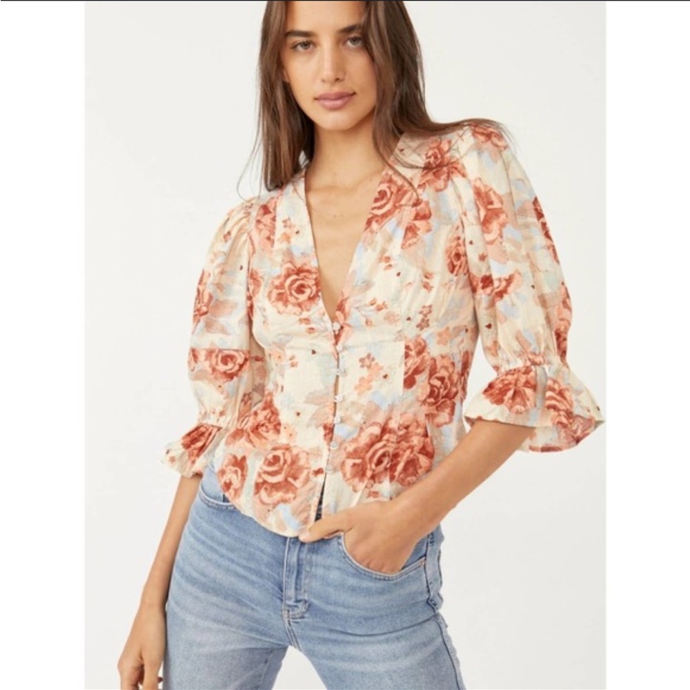 Free People Cream Blush Floral Button-Front Puff Sleeve Top
